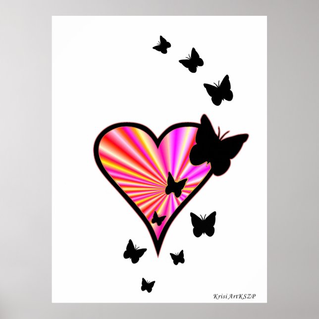 Black Butterfly on Rainbow Heart Poster (Front)