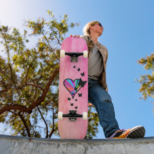 Black Butterfly on Rainbow Heart Skateboard