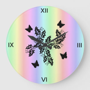 black Butterfly on Rainbow Large Clock