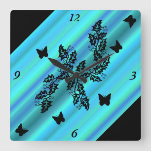black Butterfly on Rainbow Square Wall Clock