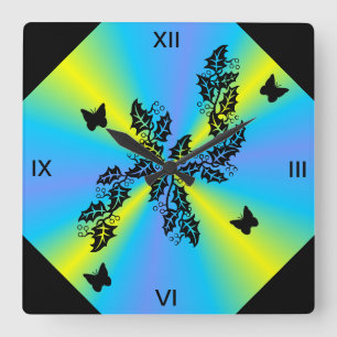 black Butterfly on yellow blue green  Rainbow Square Wall Clock
