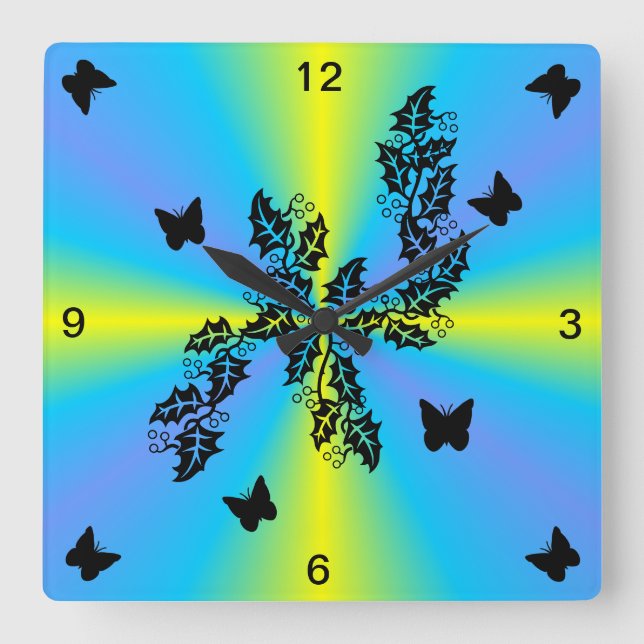 black Butterfly on yellow blue green  Rainbow Square Wall Clock (Front)