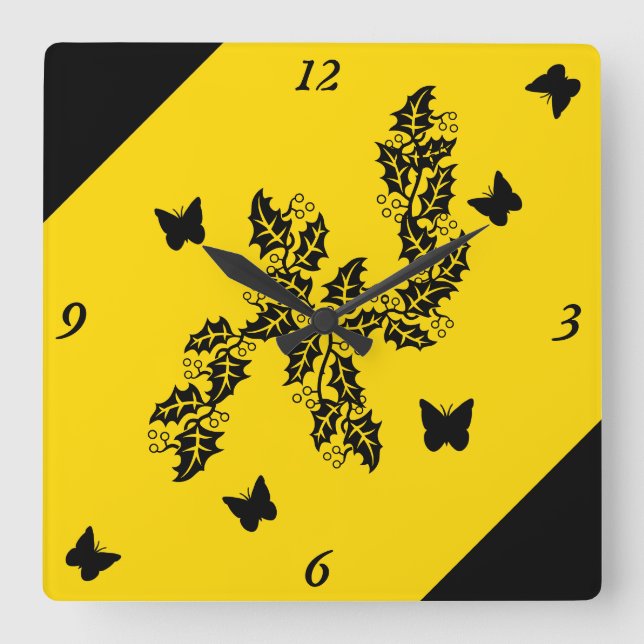 black Butterfly on  Yellow Square Wall Clock (Front)