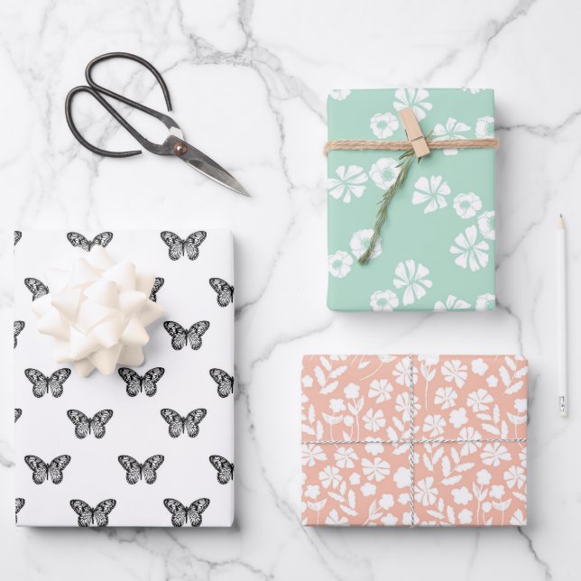 Black Butterfly Pastel Flowers Wrapping Paper Sheet (Front)
