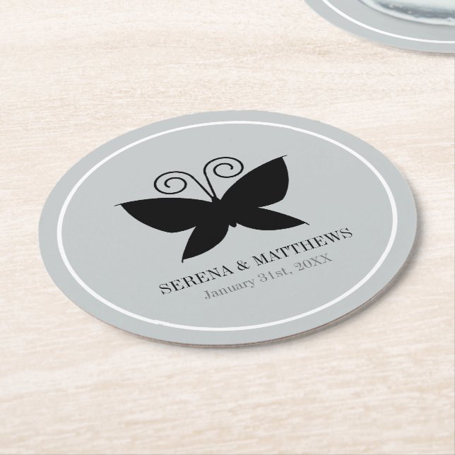 Black Butterfly Round Paper Coaster (Angled)