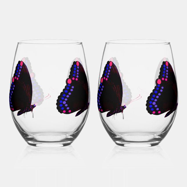 Black Butterfly With Pink & Purple Wine Glass Set (Front)