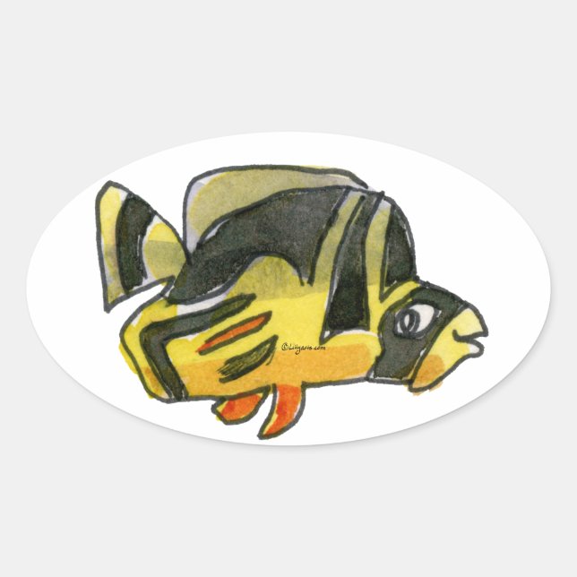 Black Butterflyfish Fish Oval Sticker (Front)
