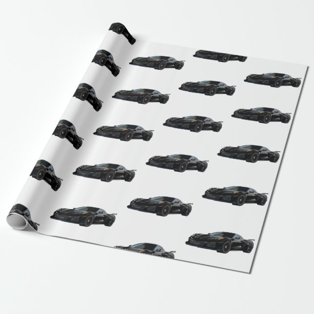 Black C8 Corvette Sports Car Hand Drawn Sketch Wrapping Paper (Unrolled)