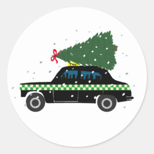 Black Cab Taxi Christmas Tree Drawing Snow  Classic Round Sticker