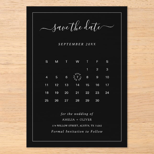 Black Calendar Modern Minimalist Save the Date Acrylic Invitations (Front)