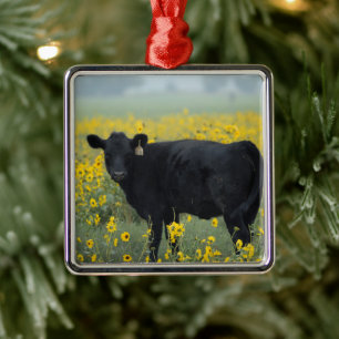 Black Calf in a Field of Sunflowers Metal Ornament