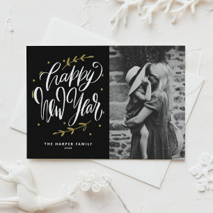 Black Calligraphy and Wreath New Year Photo Holiday Card