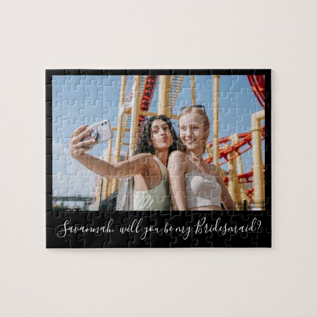 Black Calligraphy Custom Photo Bridesmaid Proposal Jigsaw Puzzle (Horizontal)