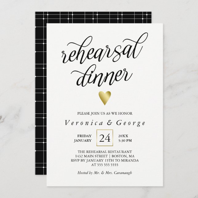 Black Calligraphy Gold Heart Rehearsal Dinner Invitation (Front/Back)
