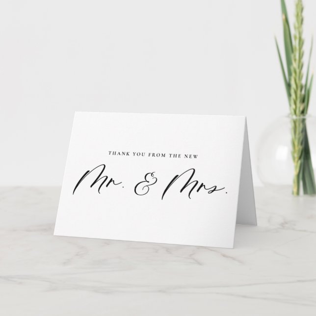 Black Calligraphy Mr. and Mrs. Newlyweds Wedding Thank You Card (Front)