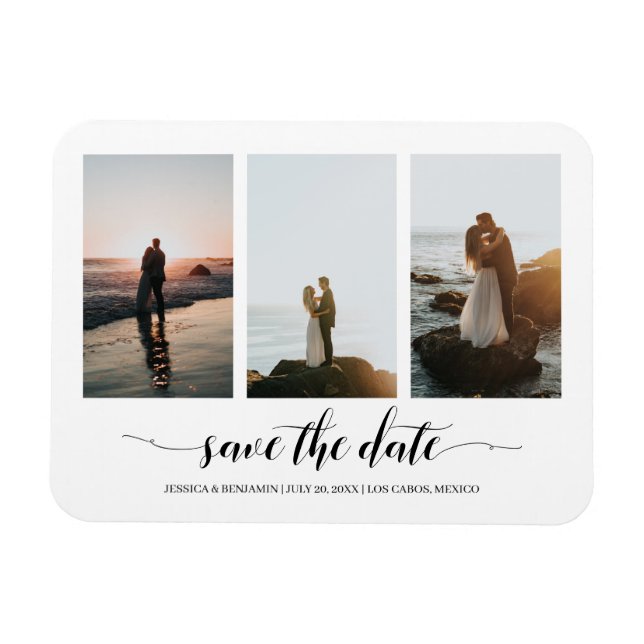 Black Calligraphy Save The Date with Photo Collage Magnet (Horizontal)
