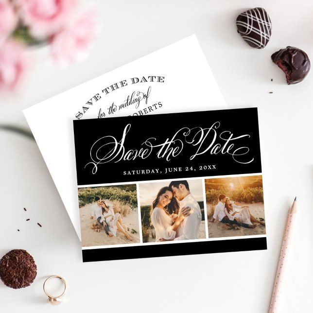 Black Calligraphy Script Wedding Photo Collage Save The Date (Creator Uploaded)