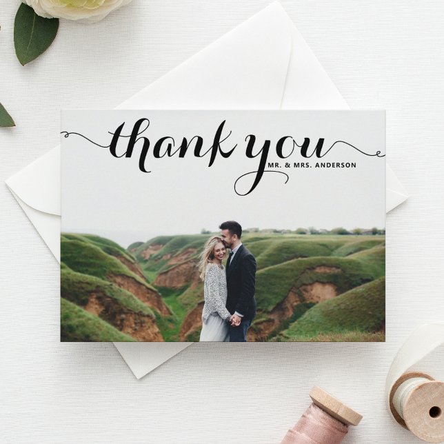 Black Calligraphy Script Wedding Photo Thank You Postcard (Creator Uploaded)