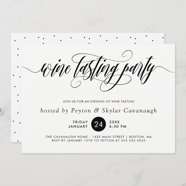Black Calligraphy Swirls Wine Tasting Party Invitation (Front/Back)