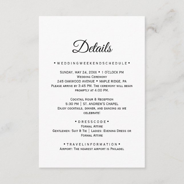 Black Calligraphy Wedding Details Card (Front)