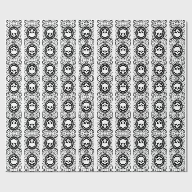 Black Cameo Damask Skulls on white Wrapping Paper (Seam)