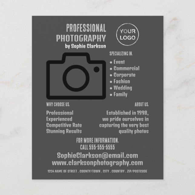 Black Camera Icon, Photographer, Photography Hire Flyer (Front)