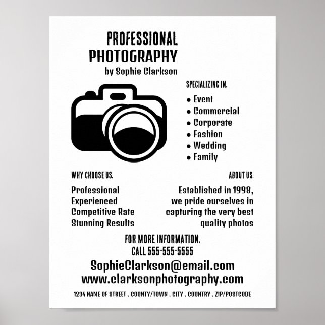 Black Camera Icon, Photographer, Photography Hire Poster (Front)