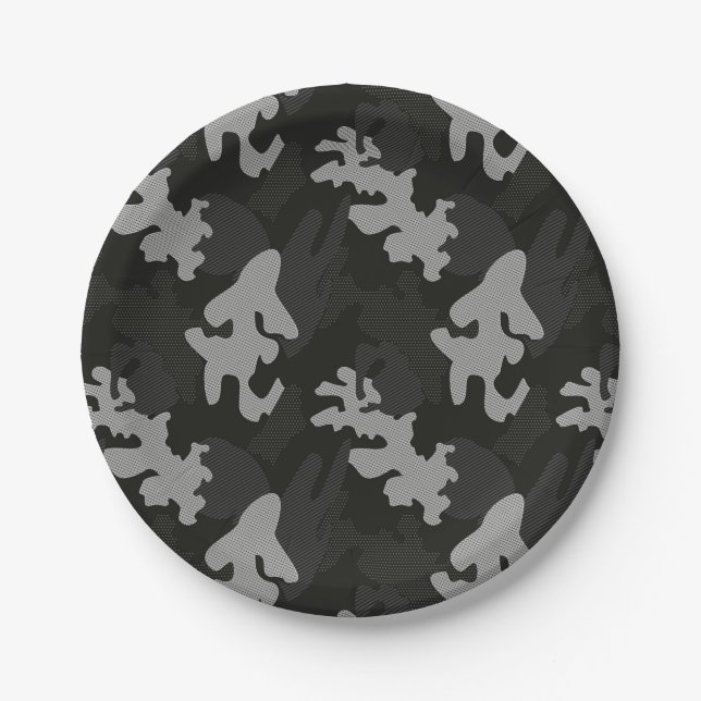 Black Camouflage Pattern Paper Plate (Front)