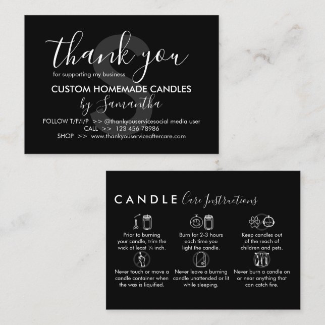 Black Candle Care Instructions Thank You Business Card (Front/Back)