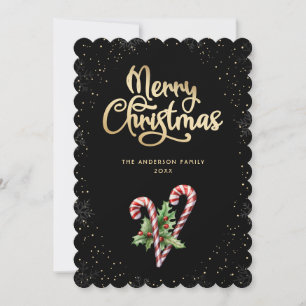 Black Candy Cane Holly Berries Christmas Holiday Card