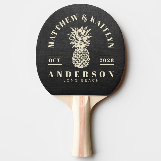 Black Canvas Tropical Pineapple Wedding Ping Pong Paddle (Back)