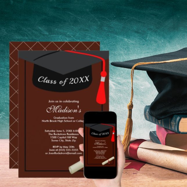 Black Cap Diploma Simple Graduation Party Brown Invitation (Black Cap Diploma Simple Graduation Party Brown Invitation)
