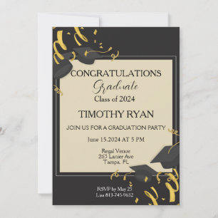 Black Cap Gold Modern Script Graduation Party    Invitation