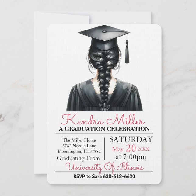 Black Cap & Gown Watercolor Graduation Invitation (Front)