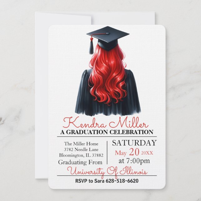 Black Cap & Gown Watercolor Graduation Invitation (Front)