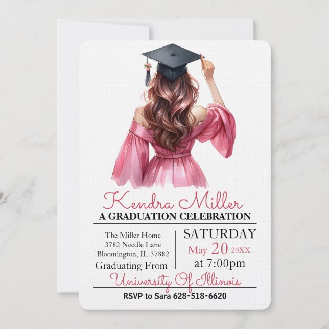 Black Cap & Gown Watercolor Graduation Invitation (Front)