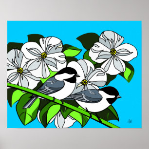 Black Capped Chickadee and Flower Art Poster