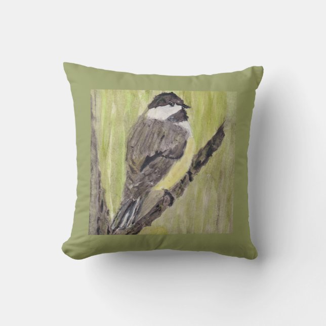 Black-capped Chickadee Bird - acrylic painting.   Cushion (Front)