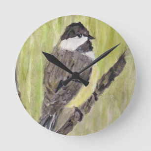 Black-capped Chickadee Bird - acrylic painting.    Round Clock