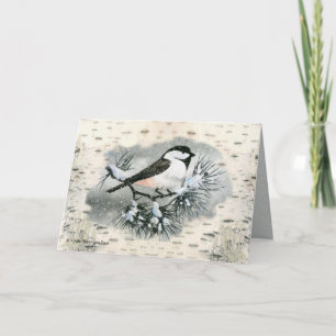 Black Capped Chickadee Bird Birch Bark Background Holiday Card