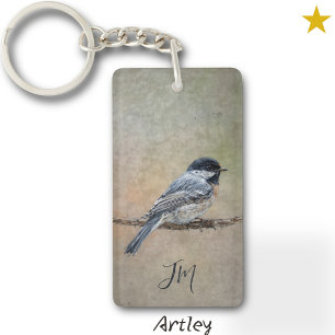 Black-Capped Chickadee Bird Painting Initials Key Ring