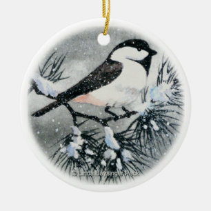 Black Capped Chickadee Bird Snow Ceramic Ornament