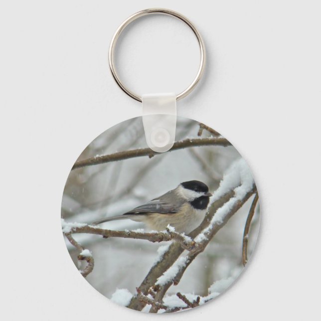 Black-Capped Chickadee in Snow Storm Key Ring (Front)