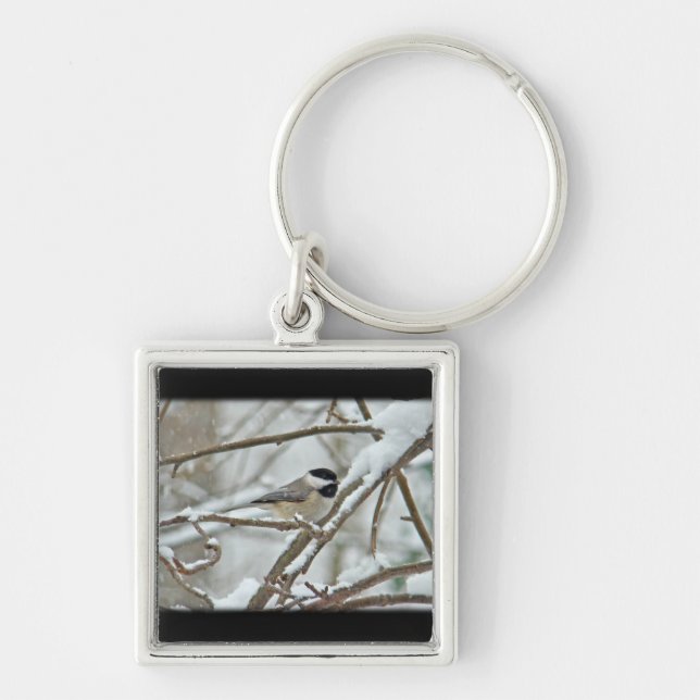 Black-Capped Chickadee in Snow Storm Key Ring (Front)