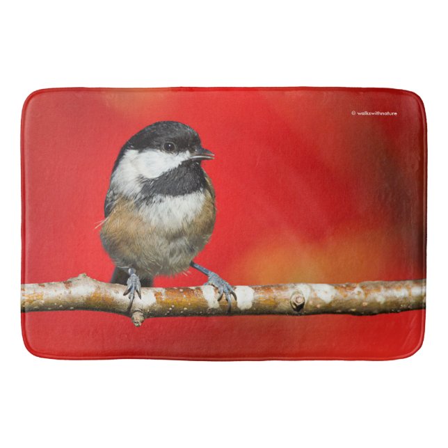 Black-Capped Chickadee on Autumn Red Background Bath Mat (Front)