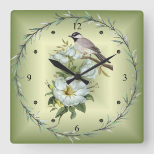 Black - Capped Chickadee ~ White Magnolia Flower ~ Square Wall Clock