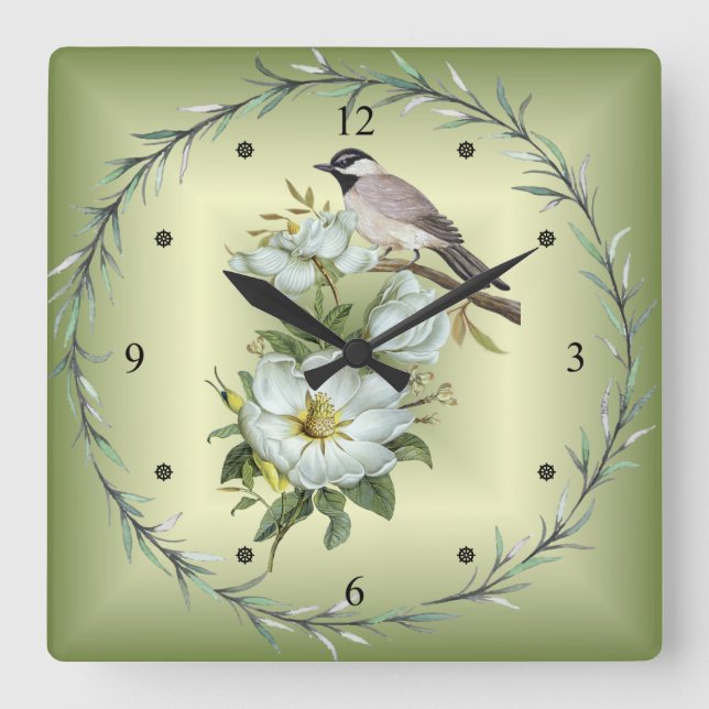 Black - Capped Chickadee ~ White Magnolia Flower ~ Square Wall Clock (Front)