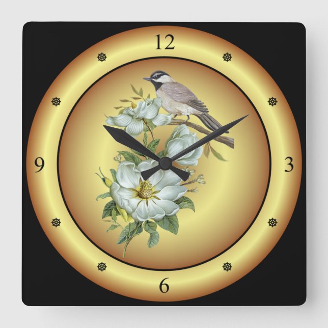 Black Capped Chickadee ~ White Magnolia Flower ~   Square Wall Clock (Front)