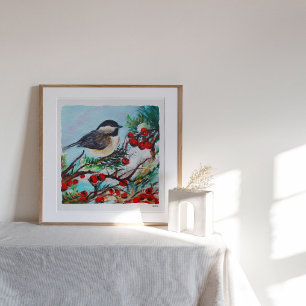 Black Capped Chickadee With Berries On Branch Post Poster
