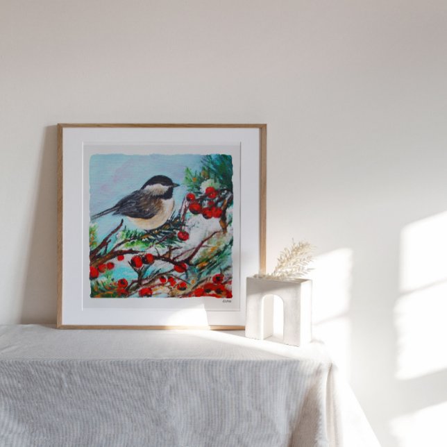 Black Capped Chickadee With Berries On Branch Post Poster (Creator Uploaded)
